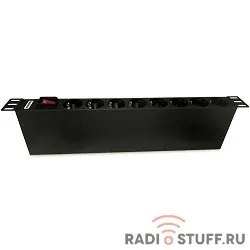 Блок розеток 19", 8 розеток Schuko, 250В, 1U, 16А, с выключателем, алюм. корп, вилка C14, Hyperline